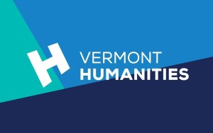 Vermont Humanities Logo. Background of four shapes in dark blue, medium blue, and light blue.