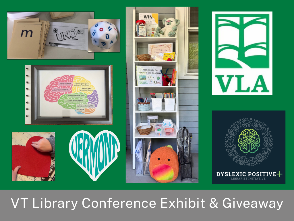 DPLI and VLA logos, library nook, a light-up reading brain, sensory handwriting on a felt heart, and alphabet UNO.
